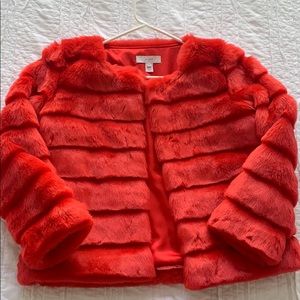SCRIPTED Tiered Faux Fur Jacket in Brilliant Poppy